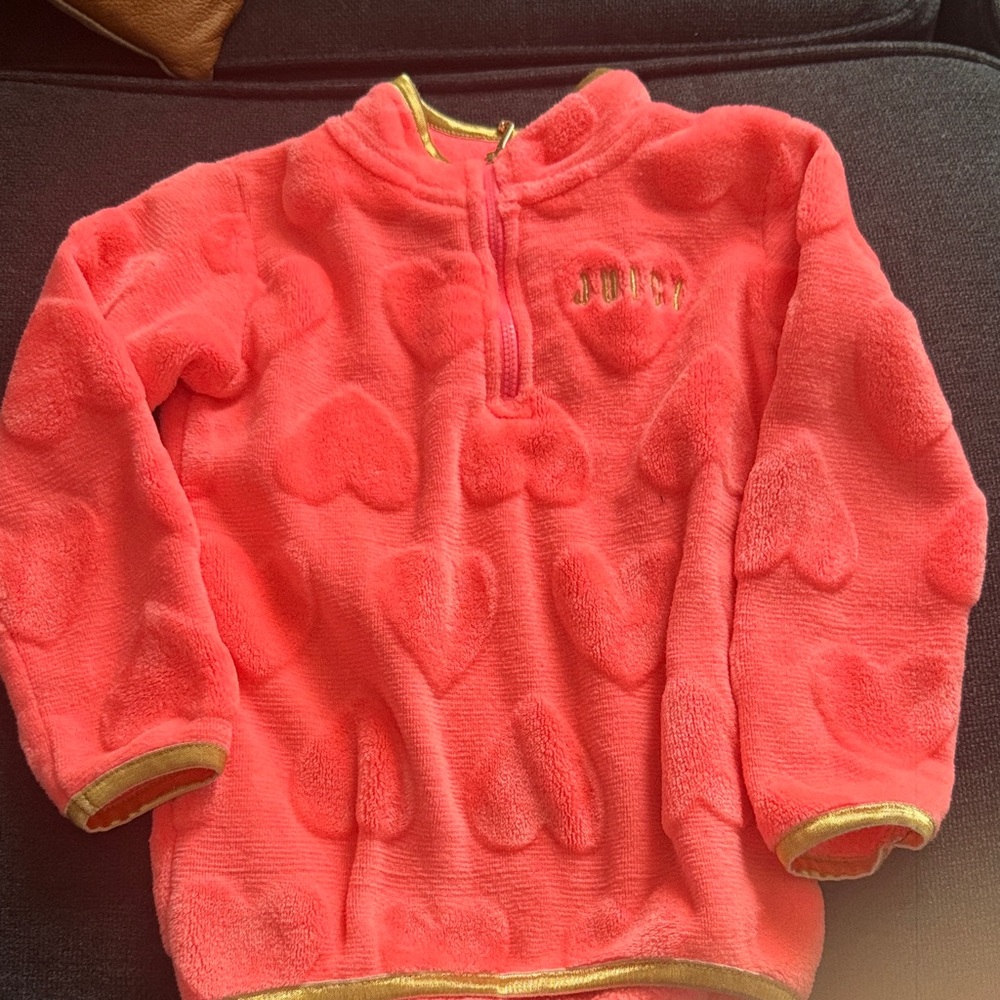 Juicy Couture Coral Heart Plush Half-Zip Hoodie with Gold Trim